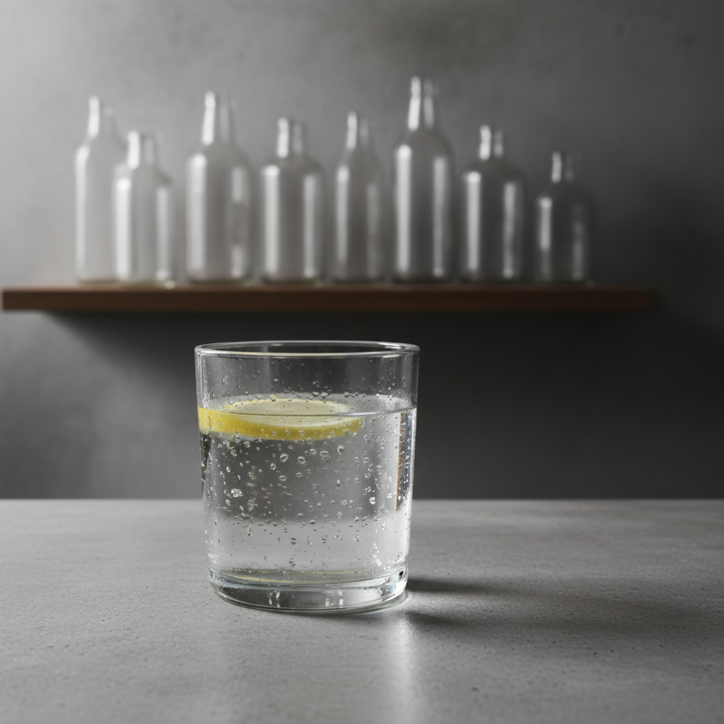 A simple, clear glass tumbler sits on a smooth concrete countertop. Behind it, slightly out of focus, a row of empty, colorless bottles fades into shadow on a floating shelf. The glass is filled instead with cold water and a single slice of lemon, condensation beading on the outside and catching soft, diffused morning light from an unseen window. The scene is composed with minimalist precision, rule-of-thirds framing, and a neutral color palette of grays and muted yellows. Photographic realism emphasizes the clarity of the water and the texture of the concrete, evoking a quiet, sober atmosphere that suggests choice, restraint, and the clean beginning of recovery.