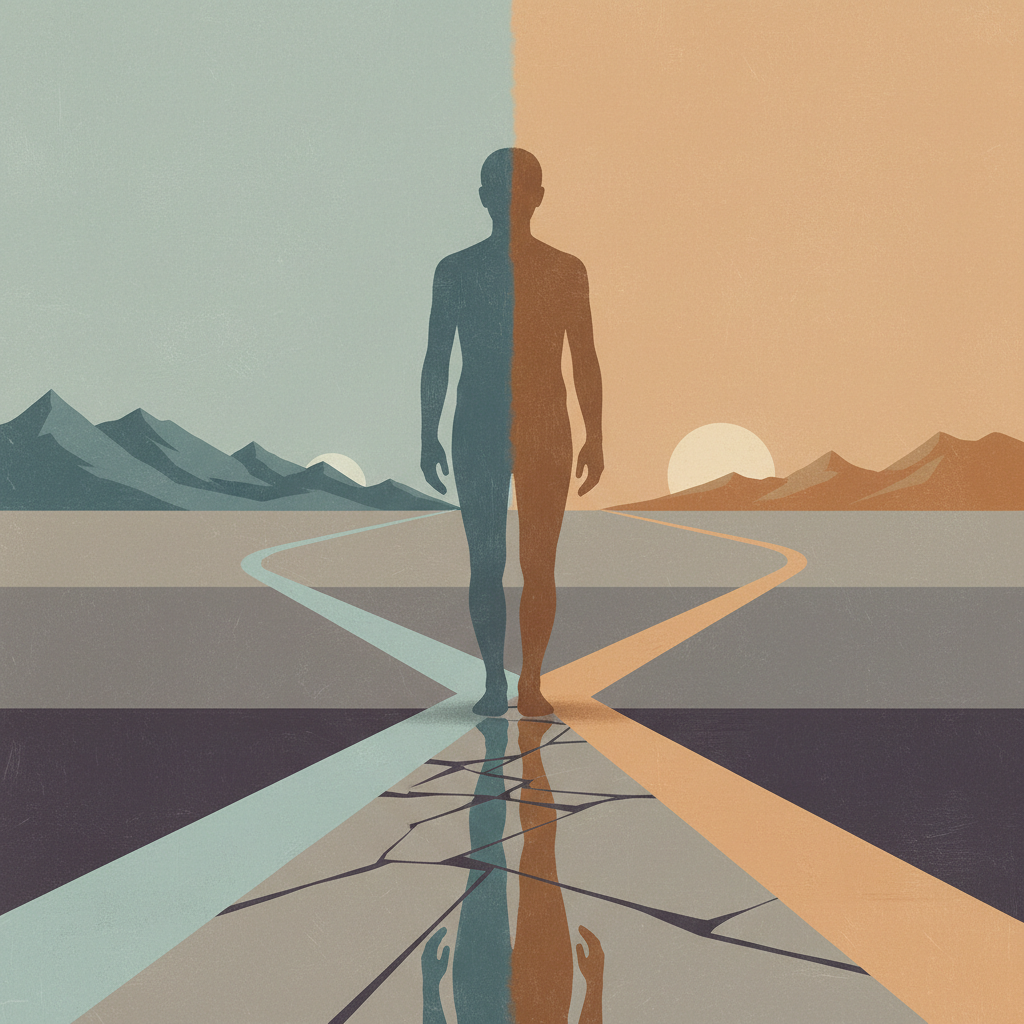 Existential, abstract image of a divided self: a human silhouette split into overlapping halves walking along diverging paths through a minimalist landscape, muted colors matching the hero art, contemplative and sober in tone.