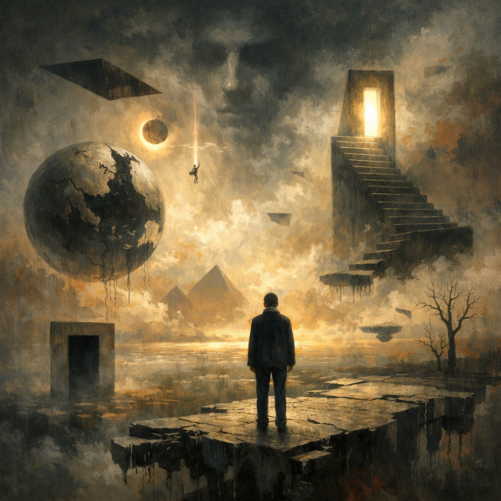 A solitary figure standing on a rocky ledge enveloped by dark fog